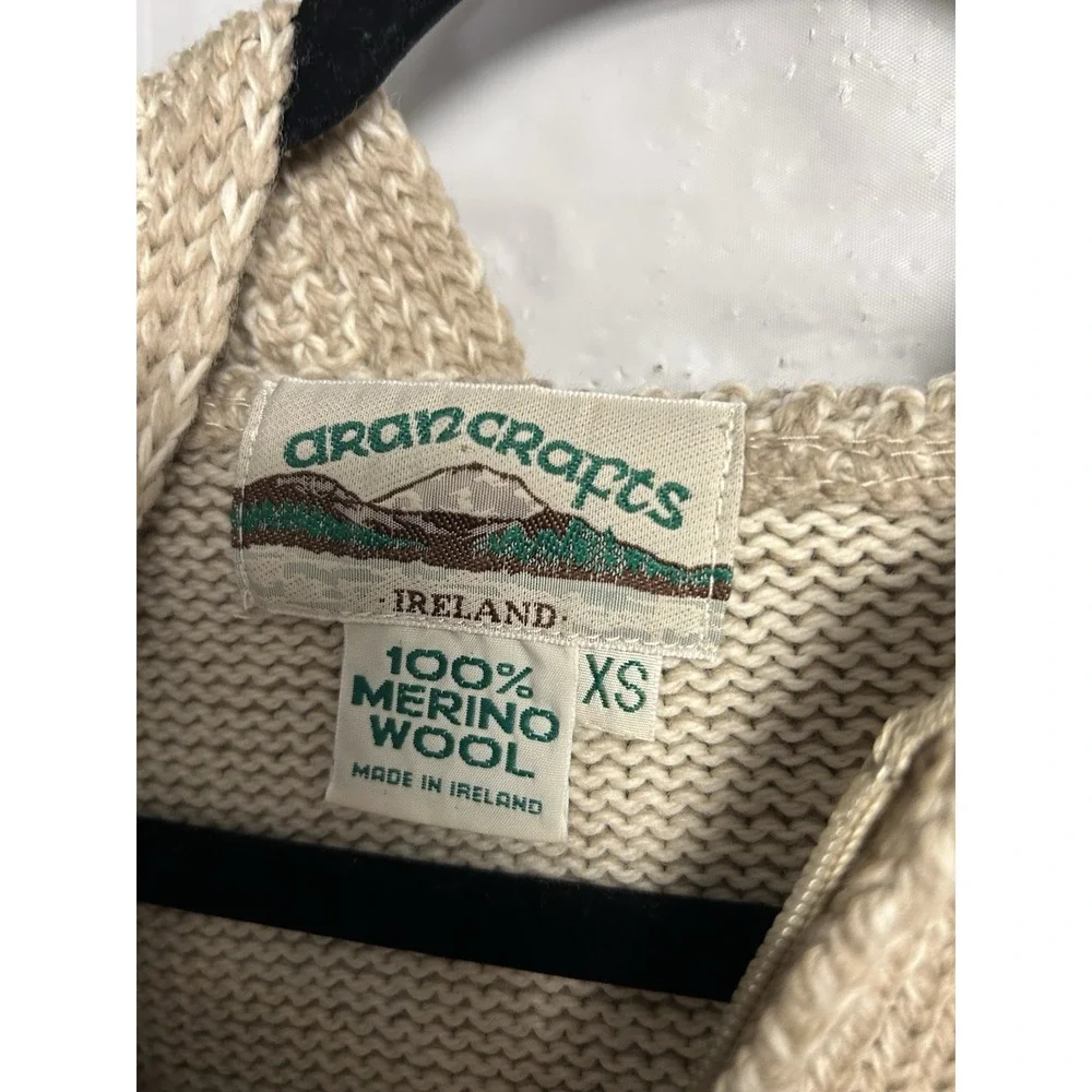 Aran Crafts Ireland Sweater Women's XS 100% Merino Wool Beige Full‎ Zip Hooded
